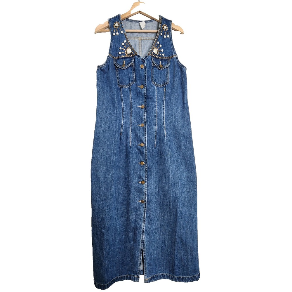 Vtg 80s Denim Midi Button Front Dress‎ Spikes Studs Punk